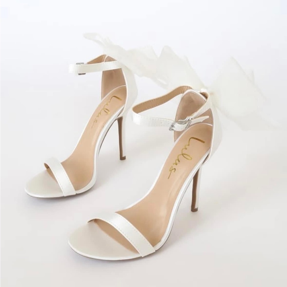 Lulu's White Satin Ankle-Strap Stiletto Heels with Bow Accent